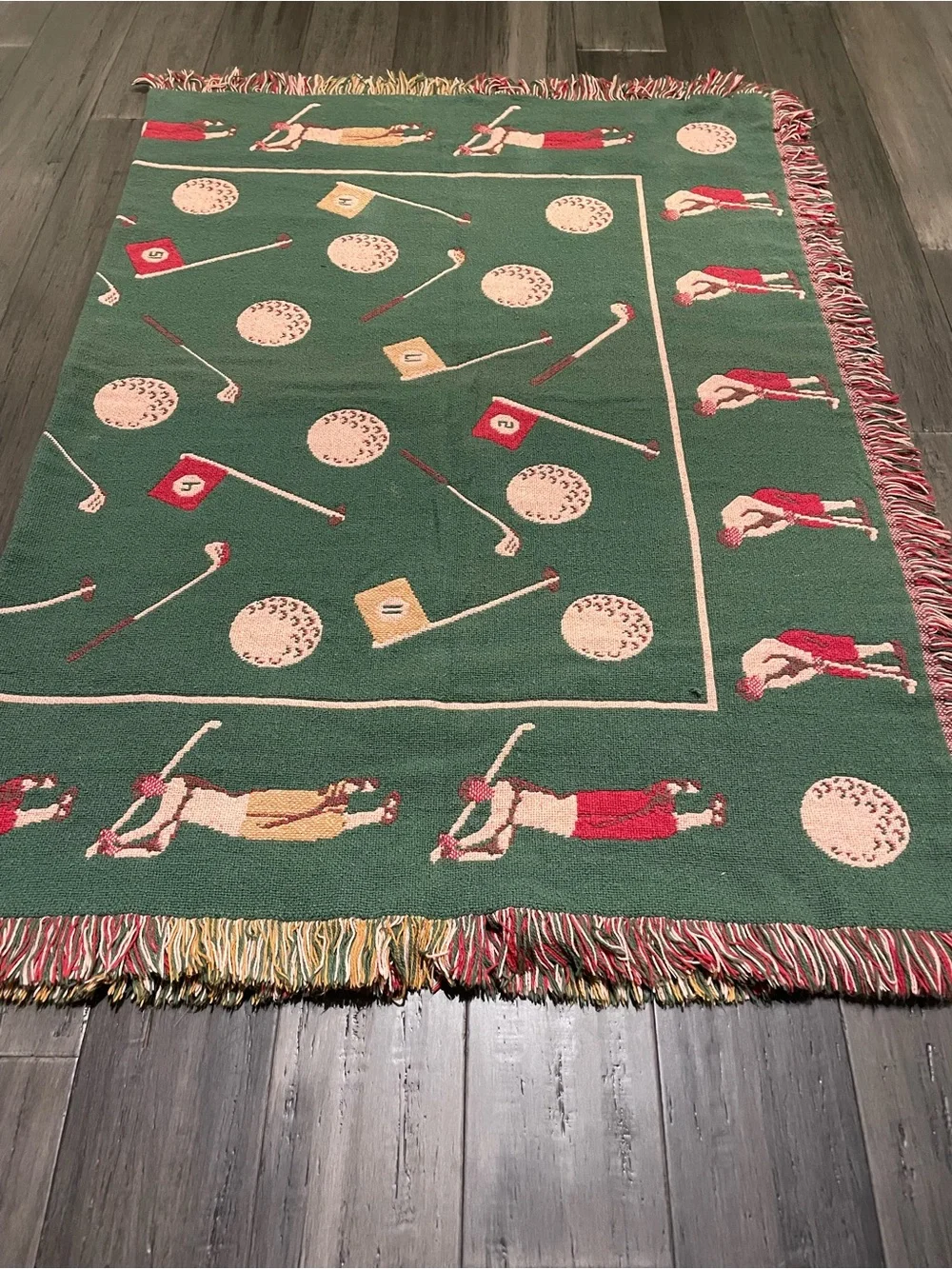 Vintage Golf Woven Throw Blanket Afghan Fringe Golf Ball Club Flag Golfer 70x40